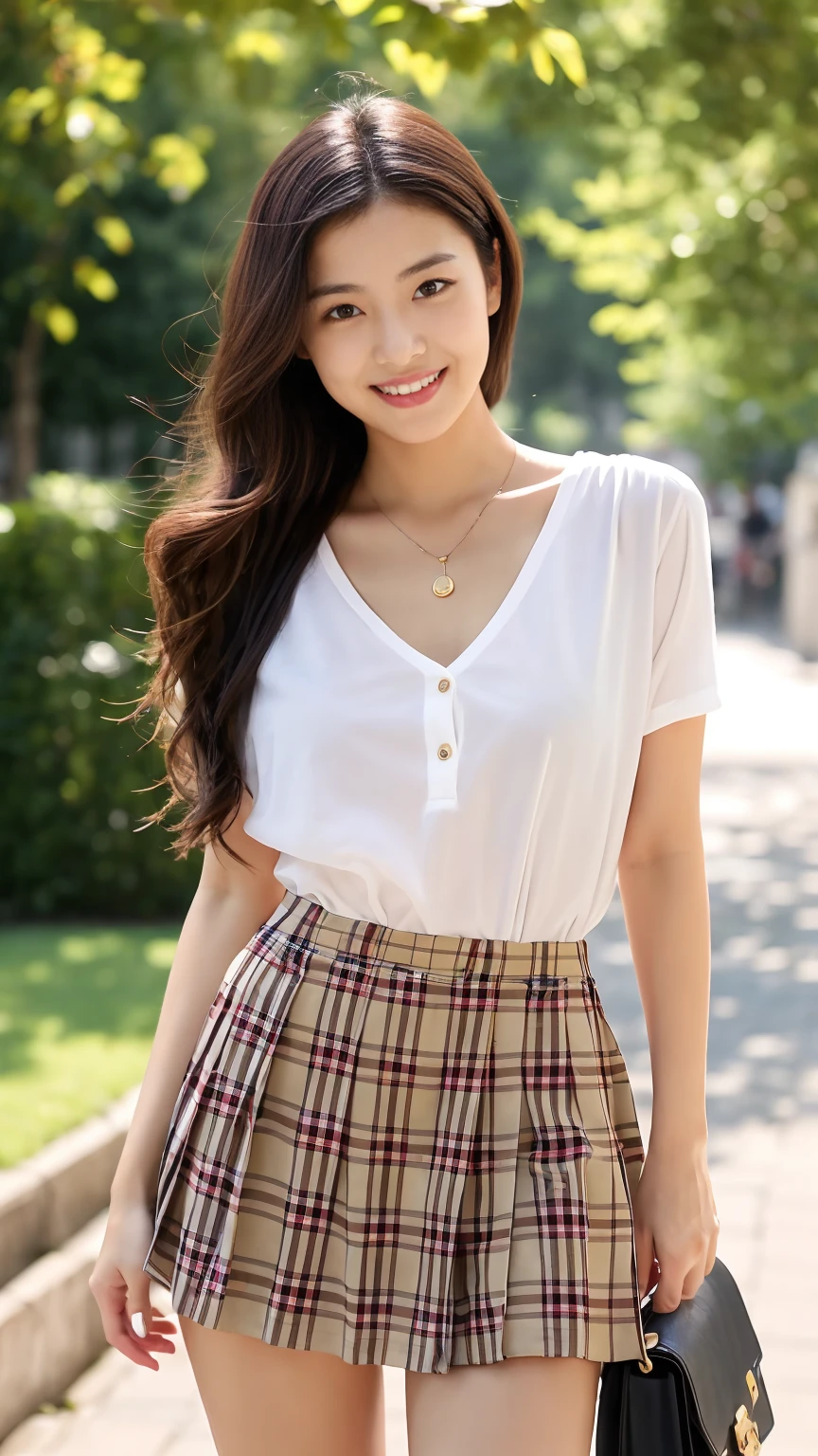 Tartan check micro mini skirt、Burberry style、Oversized shirt、adult、Summer clothes、Low-rise skirt、Summer sunshine、Beautiful pubic bone、Highest quality、Realistic photos、Gravure photoshoot、Professional Lighting、smile、Droopy eyes、Egg-shaped outline、8Head to Body
