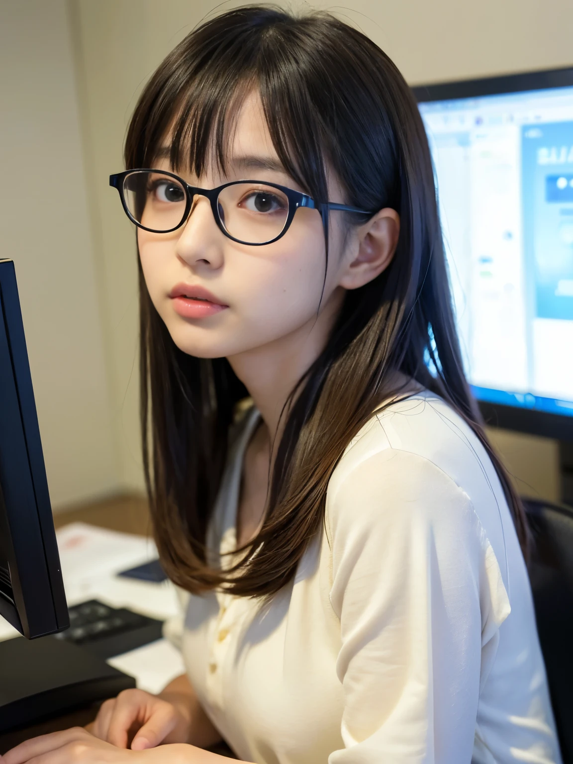 (Best-quality, Masterpiece, Ultra-High-Resolution, (Photorealistic:1.7), Raw Photo, depth of field, professional lighting, perfect anatomy, extremely details), 1girl, -yeld, thost famous Japanese idol, ((in office-room, operating computer)), (wearing casual-clothes with cute-design and big round glasses), (extremely cute face like the most popular Japanese idol, ((extremely cute and extremely big round-eyes)), extremely beautiful and extremely realistic hair), (((extremely beautiful and extremely realistic skins))), extremely beautiful and extremely realistic long-eyelashes, extremely beautiful and extremely realistic lips, detailed office-room, detailed computer, detailed big-round-glasses