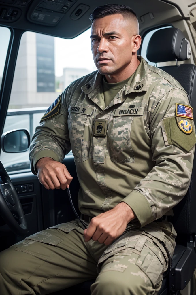 A strong military man speaking on the radio