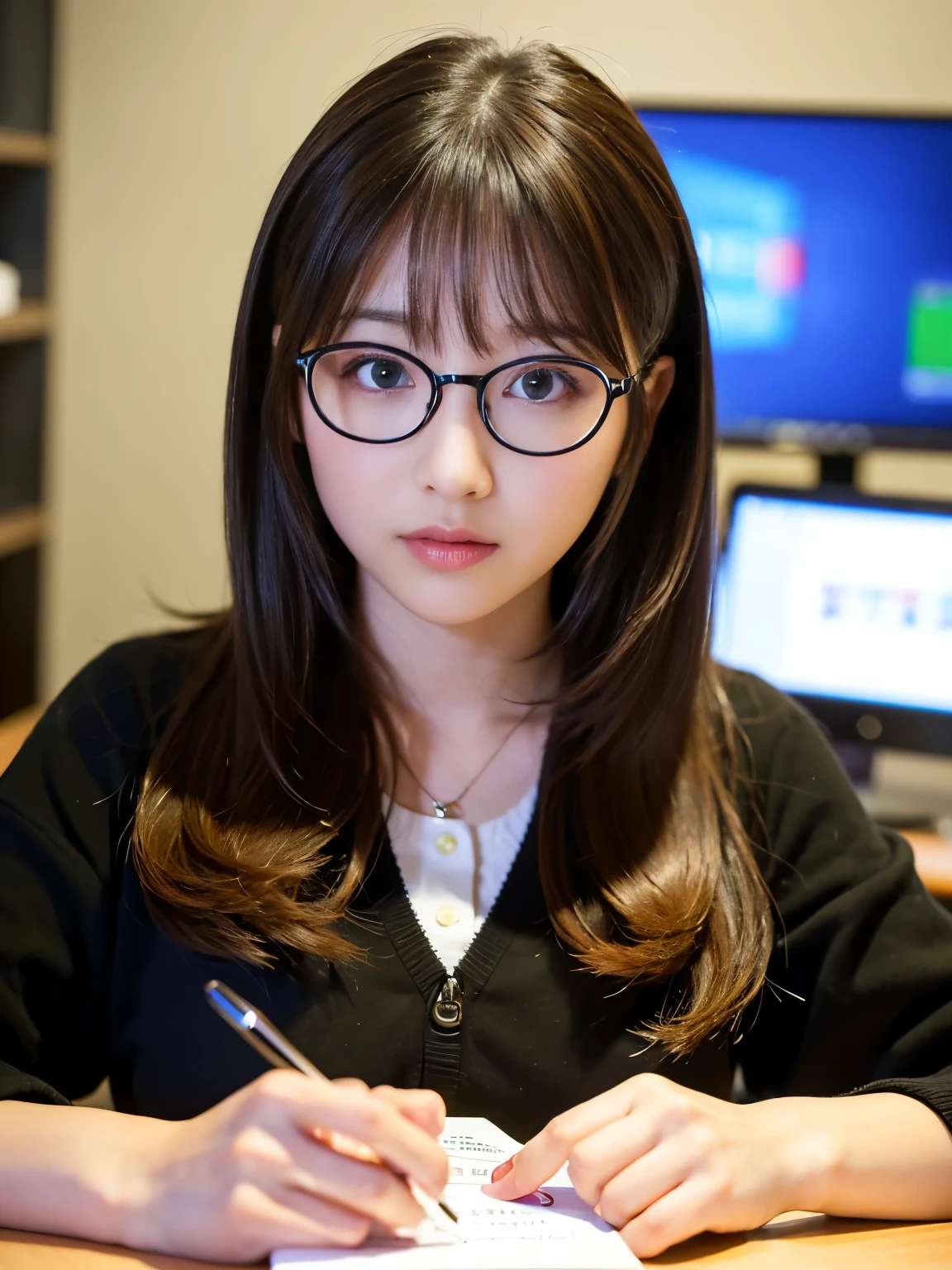 (Best-quality, Masterpiece, Ultra-High-Resolution, (Photorealistic:1.7), Raw Photo, depth of field, professional lighting, perfect anatomy, extremely details), 1girl, -yeld, thost famous Japanese idol, ((in office-room, operating computer)), (wearing casual-clothes with cute-design and big round glasses), (extremely cute face like the most popular Japanese idol, ((extremely cute and extremely big round-eyes)), extremely beautiful and extremely realistic hair), (((extremely beautiful and extremely realistic skins))), extremely beautiful and extremely realistic long-eyelashes, extremely beautiful and extremely realistic lips, detailed office-room, detailed computer, detailed big-round-glasses