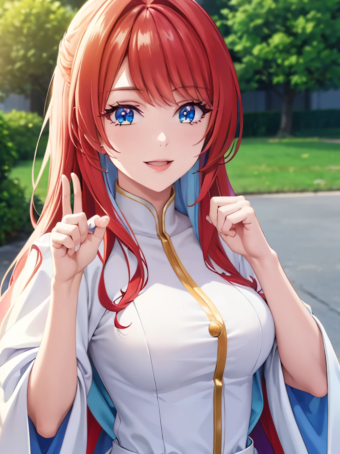 1woman,Royal costume, queen, red hair with white gradient, blue eyes, Smile, two finger pose, close up photo, standing in the park,very beautiful, ultra detail, ultra HD, masterpiece