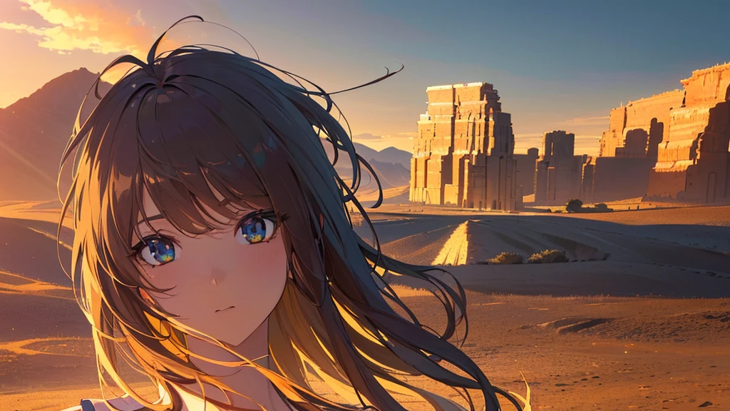 a beautiful anime girl in the middle of a vast desert, (best quality,4k,8k,highres,masterpiece:1.2),ultra-detailed,(realistic,photorealistic,photo-realistic:1.37),extremely detailed eyes and face,longeyelashes,desert landscape, dramatic lighting, dramatic shadows, warm color palette, sand dunes, cactus, blowing wind, mystical atmosphere