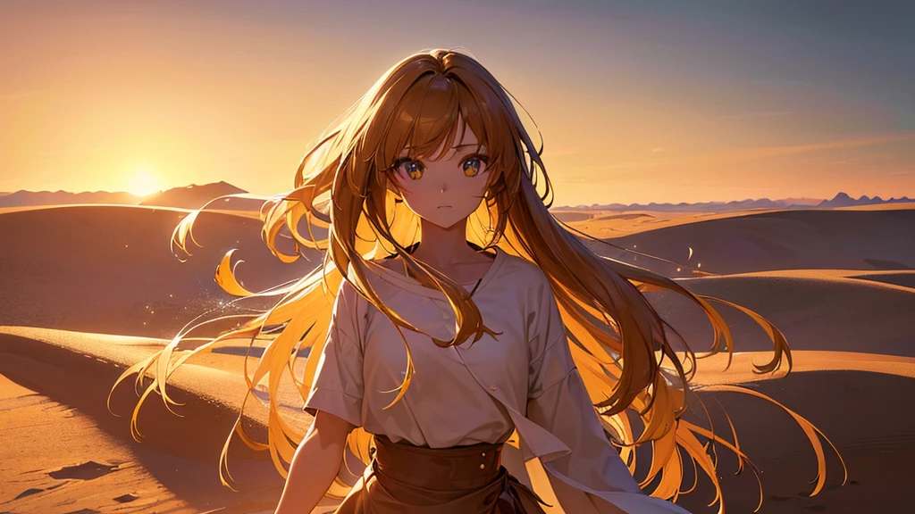 a beautiful anime girl in the middle of a vast desert, (best quality,4k,8k,highres,masterpiece:1.2),ultra-detailed,(realistic,photorealistic,photo-realistic:1.37),extremely detailed eyes and face,longeyelashes,desert landscape, dramatic lighting, dramatic shadows, warm color palette, sand dunes, cactus, blowing wind, mystical atmosphere