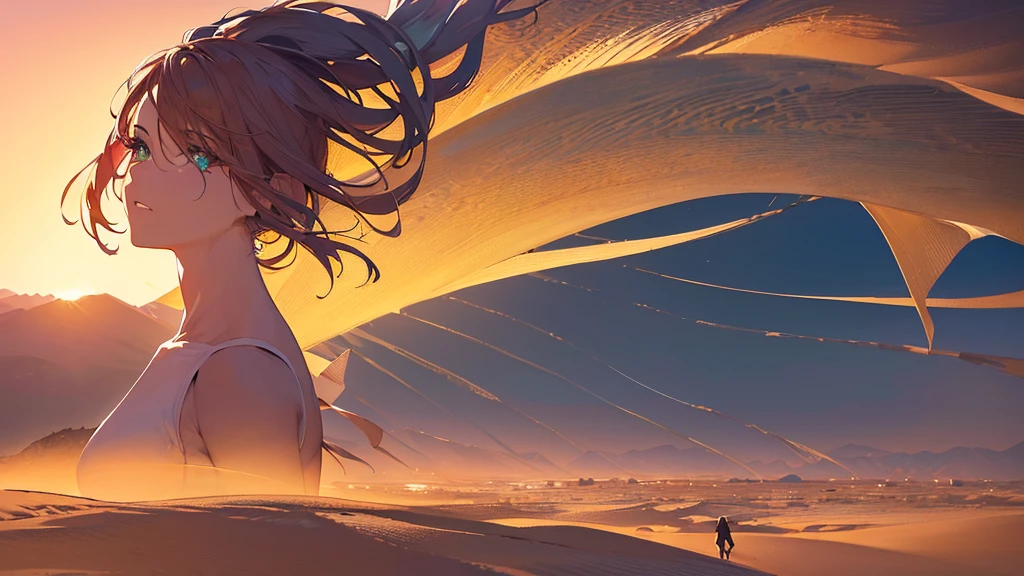 a beautiful anime girl in the middle of a vast desert, (best quality,4k,8k,highres,masterpiece:1.2),ultra-detailed,(realistic,photorealistic,photo-realistic:1.37),extremely detailed eyes and face,longeyelashes,desert landscape, dramatic lighting, dramatic shadows, warm color palette, sand dunes, cactus, blowing wind, mystical atmosphere