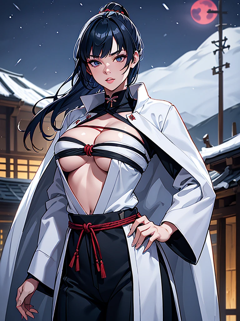 a female samurai, beautiful detailed eyes, beautiful detailed lips, extremely detailed face, long eyelashes, (katana swords behind hips:1.2),hyper realistic lighting,(super detailed:1.3),((best quality:1.2)),((masterpiece:1.2)),female focus,lonely beauty,detailed face,detailed lips,(nighttime:1.6),(standing in a medieval europe castletown),(eclipse),cowboy shot,cleavage,((shibari across bare breasts:1.125)),topknot,muted dark blue hair,white samurai coat,black samurai (pants):1.1