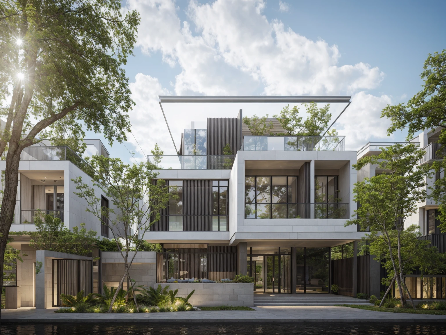 RAW photo, Exterior of two story white modern house, road, ((sidewalk)), ((sidewalk trees)), residences area, day time, tropical trees and plants, (high detailed:1.2), 8k uhd, dslr, soft lighting, high quality, film grain, Fujifilm XT3)