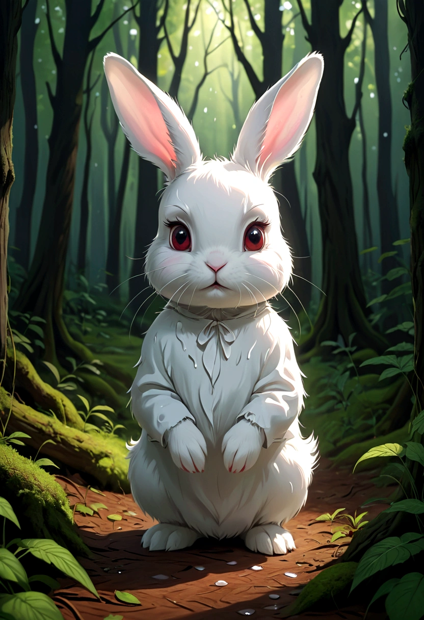 In the forest，A small white rabbit，Tears in the eyes facing the camera，HD 8k