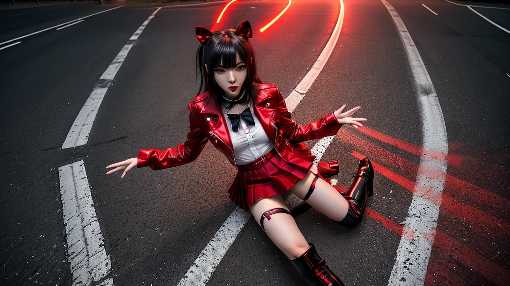 nsfw, maruzensky (umamusume),, red thighhighs, red jacket, pleated skirt, red skirt, long sleeves, choker, red shirt, open jacket, white bow, open clothes, high heel boots, asphalt road, running, eye trails, night sky, neon, from above,ray tracing, , 