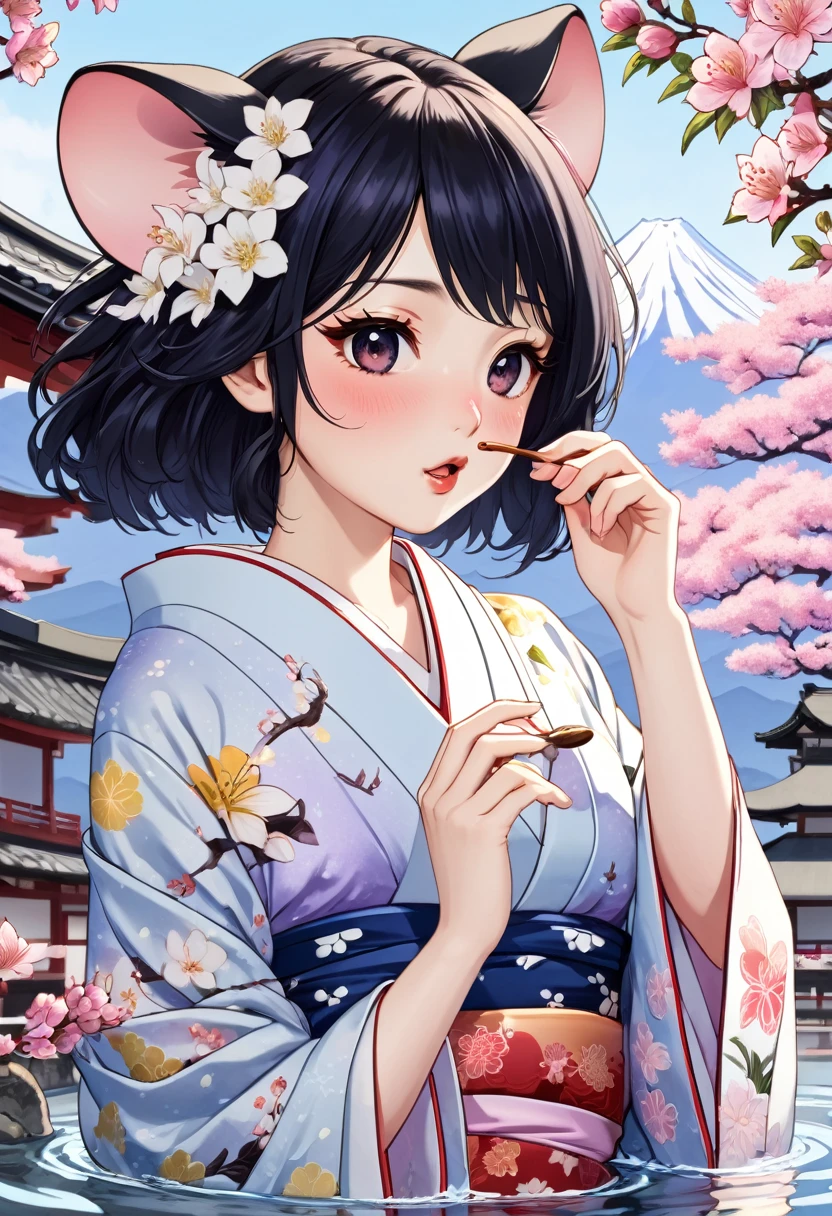 (utamaro style:1.2) , Hallucination, daydream , nightmare , Insane Dream , bokeh , erotica , romance , realistic mouse nymph and realistic cat , yukata , futon , Petals fluttering down , Single eyelids, round nose, swollen cheeks , glossy lips , Mount Fuji, Hawk, licking Eggplant , Collarbone , Disheveled Hair , Water up to the knees , Scorching Heat summer