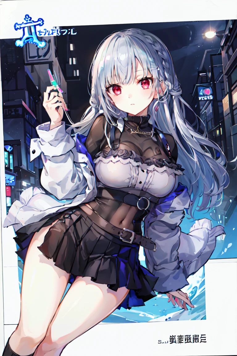 (masterpiece), (Highest quality), (Super detailed), Official Art, one girl, Silver-haired loli,  girl, Confused eyes、Bright red eyes、White、 Test tubes on your hips、Cleavage, Underbust, Thigh focus, Navel exposed, Large Breasts、
