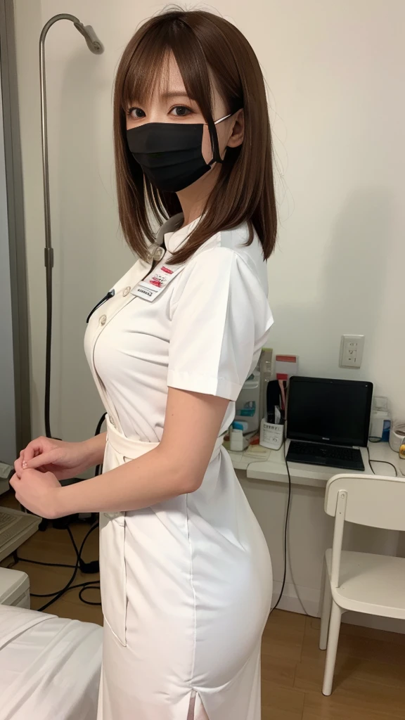 1 Girl,(Wearing white nurse clothes:1.2),(RAW Photos, Highest quality), (Realistic, photo-Realistic:1.4), masterpiece, Very delicate and beautiful, Very detailed, 2k wallpaper, wonderful, finely, Very detailed CG unity 8k wallpaper, Very detailedな, High resolution, Soft Light, Beautiful detailed girl, Very detailed eyes and face, Beautiful and detailed nose, finely beautiful eyes, nurse, Perfect Anatomy, Black Hair, Upstyle, nurse uniform, ((mask)), Long skirt, nurse, White costume, thin, hospital, clear, White Uniform, hospital room, Neck auscultation,Bobcut