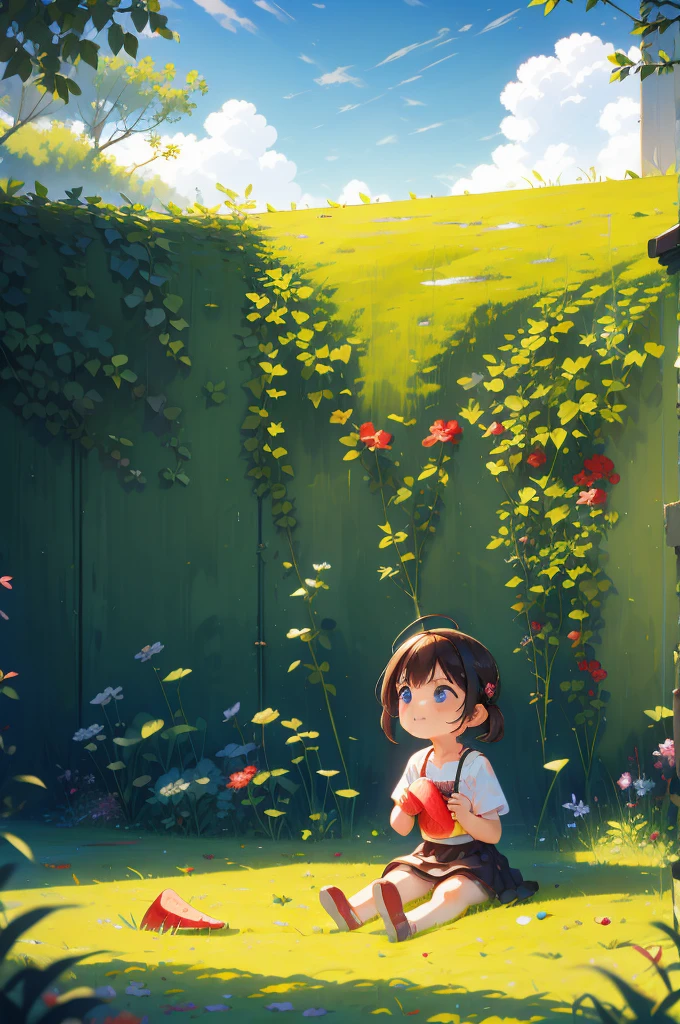Sitting on the ground eating watermelon