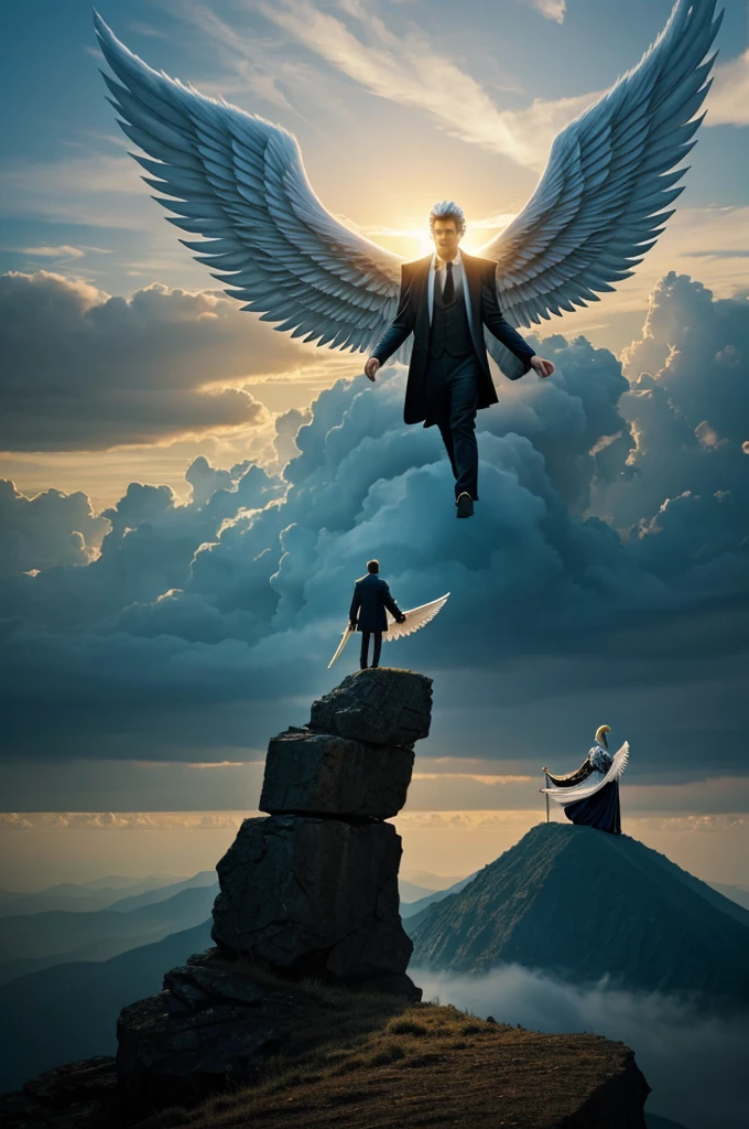 Create an angel and behind him Lucifer in a surreal landscape