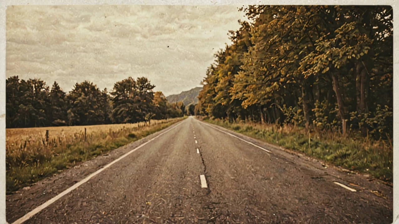 polaroid photo of a road, warm tones, perfect landscape