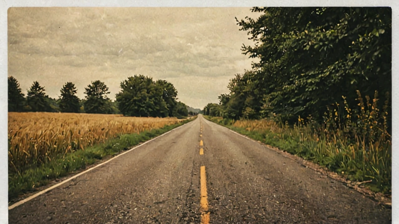 polaroid photo of a road, warm tones, perfect landscape