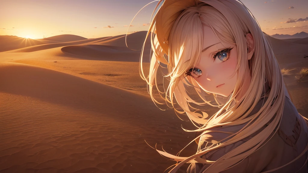 a beautiful anime girl in the middle of a vast desert, (best quality,4k,8k,highres,masterpiece:1.2),ultra-detailed,(realistic,photorealistic,photo-realistic:1.37),extremely detailed eyes and face,longeyelashes,desert landscape, dramatic lighting, dramatic shadows, warm color palette, sand dunes, cactus, blowing wind, mystical atmosphere