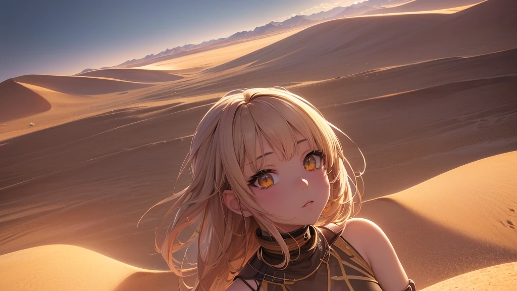 a beautiful anime girl in the middle of a vast desert, (best quality,4k,8k,highres,masterpiece:1.2),ultra-detailed,(realistic,photorealistic,photo-realistic:1.37),extremely detailed eyes and face,longeyelashes,desert landscape, dramatic lighting, dramatic shadows, warm color palette, sand dunes, cactus, blowing wind, mystical atmosphere