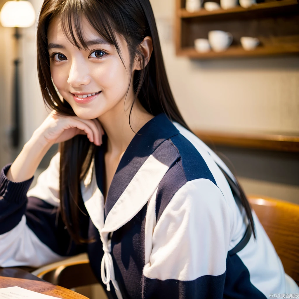 One girl, alone, Hand on the bed phone,Smileみ, (Super Masterpiece), (Realistic), (Ultra fine), (beautiful), Studying in a coffee shop, Professional Lighting, (Highest quality, 64k, masterpiece), とてもbeautifulLong face顔, Japanese Model, clavicle, Artistic Space, Ultra HD, (Photorealistic:1.1), RAW Photo, Natural landscape, Big eyes, Black brown hair, Standing, Standing全身, Smile, Full body photo, Long face, Sailor suit girl, I'm playing the betphone