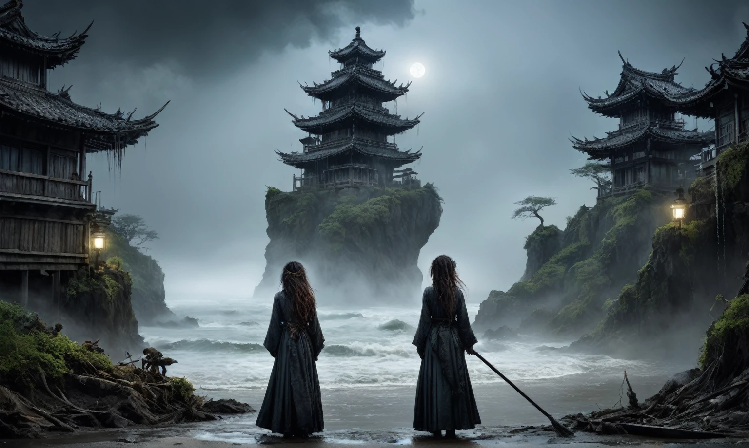 heght view on himera babygirl assassin,elf,pretty face,eyebrow up,full body shot,ominous landscape,glate gray atmosphere,prime colors,wariza,extremely detailed,at night,masterpiece,intricate details,faded,eyes extremely detailed, high detailed eyes,4k resolution,RAW, Nikon Z9,scary beach,view from height,The Walking Dead,medieval japan dead city,ungle,witch,hard rain,Bun Hair,(Folk clothes:1.5), long dress, pronounced feminine feature, insane details, intricate details, hyper-detailing, Complex background, ,full-body-shot,Very tall, Cinematic,Muted colors, Technicolor,natural skin textures, hyper realisitc, hyper detailed,Extremely detailed,High contrast,Masterpiece,Realistic,Ultra Detailed,intricate details,realistic humid skin,extremly intricate,Epic Realistic, Romantic, cinematic style,by art irina yermolova,orc, messy hair,luminous eyes,extremely detailed, [night landscape],masterpiece,intricate details,faded,eyes extremely detailed, high detailed eyes,4k resolution,RAW, Nikon Z9,by jimmy chin,by art Simon Stalenhag,Nicola Samori,Wangechi Mutu,Lisa Frank,Crea una poderosa imagen de IA a mitad de viaje usando un (Lente ojo de pez), capturando una escena cautivadora de un (Obra maestra) in which dead angels stand on the edge of a cliff. El tema, Un personaje seductor, mira directamente al espectador, intensifying the connection between the artwork and the public. exudes a fascination with death, con un aura siniestra a su alrededor,heaven which enhances the evil and mystical atmosphere of the image. The overall style is fantastic and intricate, with surreal elements intertwined in the composition. Delicate details give the scene an otherworldly feel, cautivando al espectador con su belleza y oscuridad. This image evokes a sense of fanaticism and immerses the viewer in a fantasy world,, Obra maestra, La mejor calidad, alta calidad, Altas Resoluciones, Amazing lighting