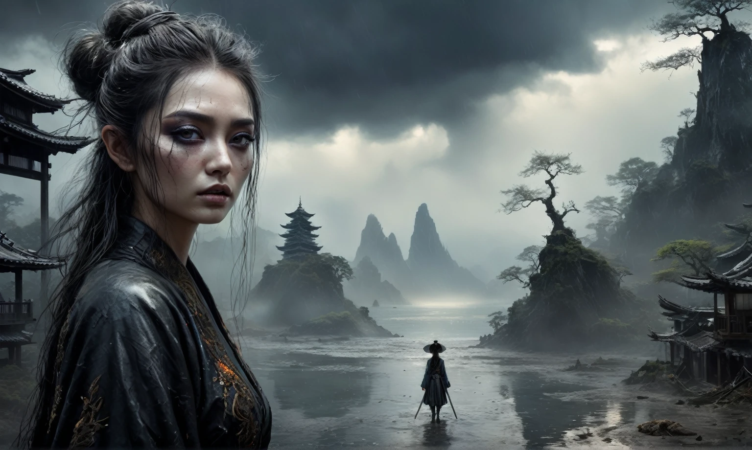 heght view on himera girl assassin,elf,pretty face,eyebrow up,full body shot,ominous landscape,glate gray atmosphere,prime colors,wariza,extremely detailed,at night,masterpiece,intricate details,faded,eyes extremely detailed, high detailed eyes,4k resolution,RAW, Nikon Z9,scary beach,view from height,The Walking Dead,medieval japan dead city,ungle,witch,hard rain,Bun Hair,(Folk clothes:1.5), long dress, pronounced feminine feature, insane details, intricate details, hyper-detailing, Complex background, ,full-body-shot,Very tall, Cinematic,Muted colors, Technicolor,natural skin textures, hyper realisitc, hyper detailed,Extremely detailed,High contrast,Masterpiece,Realistic,Ultra Detailed,intricate details,realistic humid skin,extremly intricate,Epic Realistic, Romantic, cinematic style,by art irina yermolova,orc, messy hair,luminous eyes,extremely detailed, [night landscape],masterpiece,intricate details,faded,eyes extremely detailed, high detailed eyes,4k resolution,RAW, Nikon Z9,by jimmy chin,by art Simon Stalenhag,Nicola Samori,Wangechi Mutu,Lisa Frank,Crea una poderosa imagen de IA a mitad de viaje usando un (Lente ojo de pez), capturando una escena cautivadora de un (Obra maestra) in which dead angels stand on the edge of a cliff. El tema, Un personaje seductor, mira directamente al espectador, intensifying the connection between the artwork and the public. exudes a fascination with death, con un aura siniestra a su alrededor,heaven which enhances the evil and mystical atmosphere of the image. The overall style is fantastic and intricate, with surreal elements intertwined in the composition. Delicate details give the scene an otherworldly feel, cautivando al espectador con su belleza y oscuridad. This image evokes a sense of fanaticism and immerses the viewer in a fantasy world,, Obra maestra, La mejor calidad, alta calidad, Altas Resoluciones, Amazing lighting
