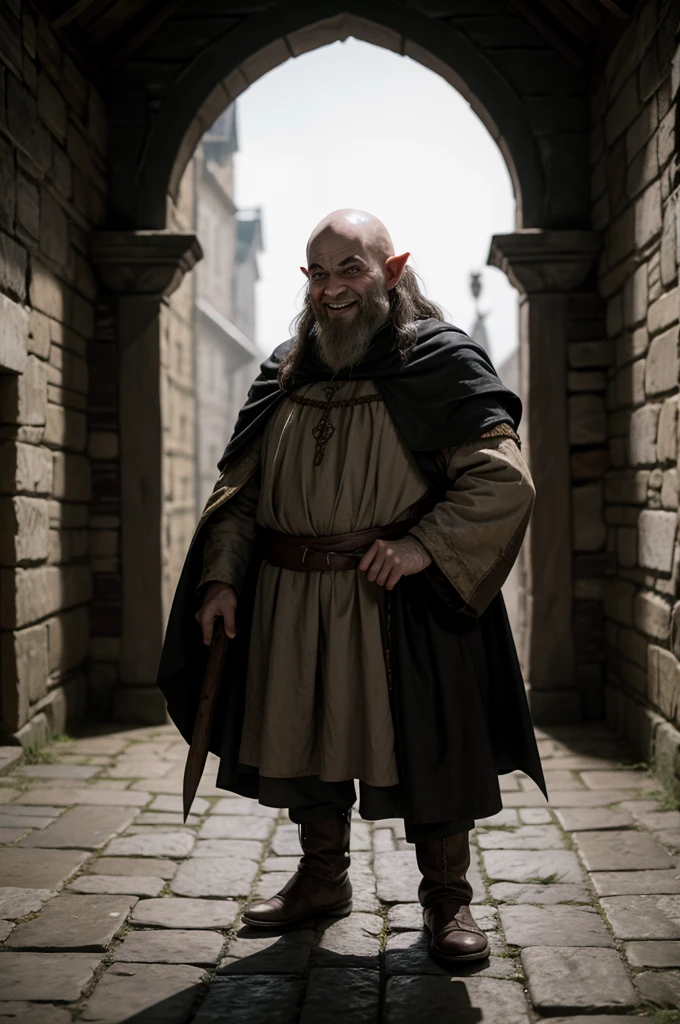medieval ages, medieval noble clothing, nosferatu, ugly, deformed, dwarf, alone, in the shadows, nighttime, grinning.