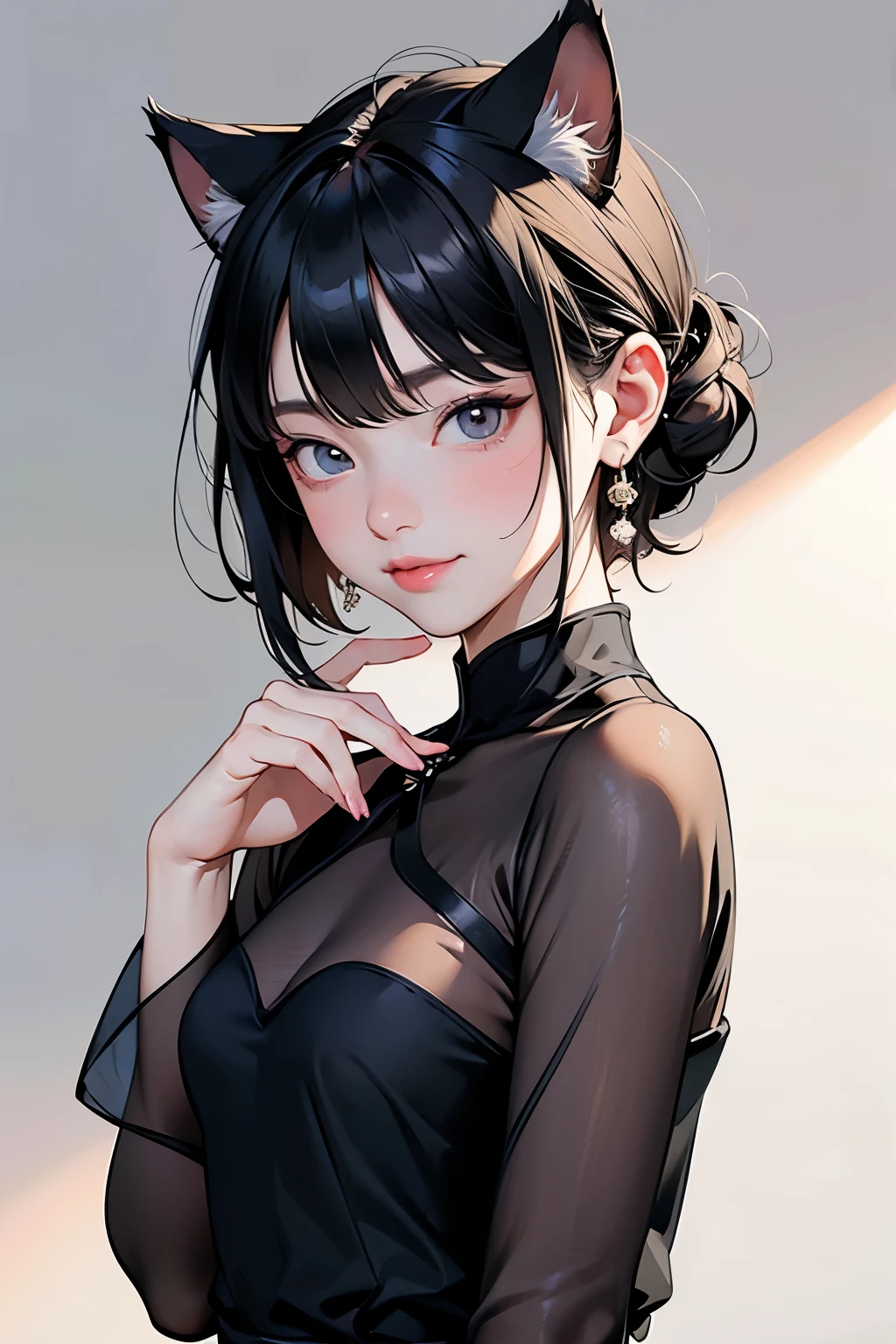 (Highest quality, masterpiece, High resolution)、4K Anime Art、(One girl)、whole body、 (Detailed depiction of a cute face)、Black Hair、short hair、semi-long、Bobcut、Hair Bun、hair ornaments、(Cat ear)、Black cat in Chinese dress、sexy mini dress、Captivating smile、Small breasts、Cinematic Light、Soft Light、(indoor、dim、lamp)、(Simple Background)、((Blank Background))、
