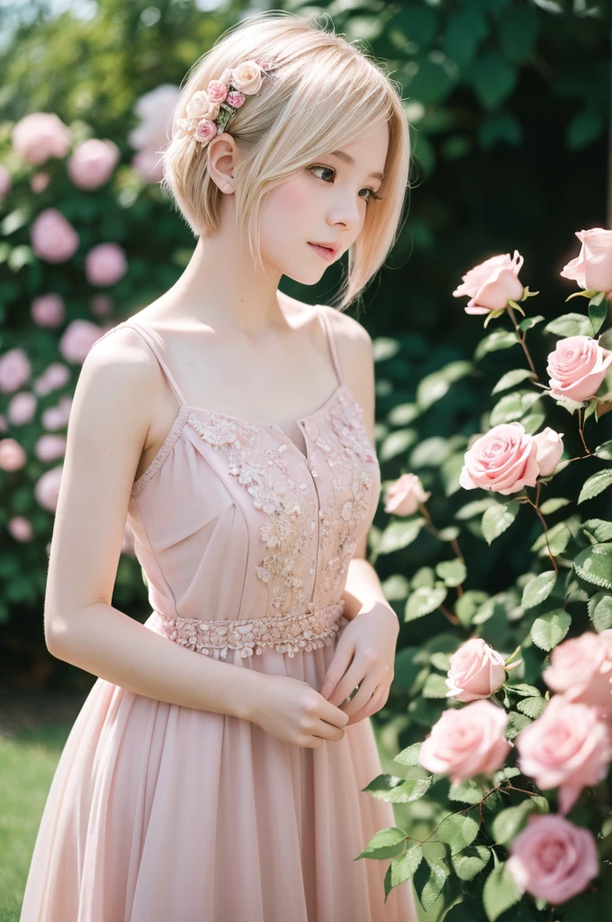 8K, RAW Photos, Fujifilm, Avril-like style photo of a beautiful young woman in a garden of pale pink roses (Highly detailed skin: 1.2) Style Petal Break Short Hair, Blonde and colored hair, Wearing a dress, Film Granulation, 35mm, Cute Style