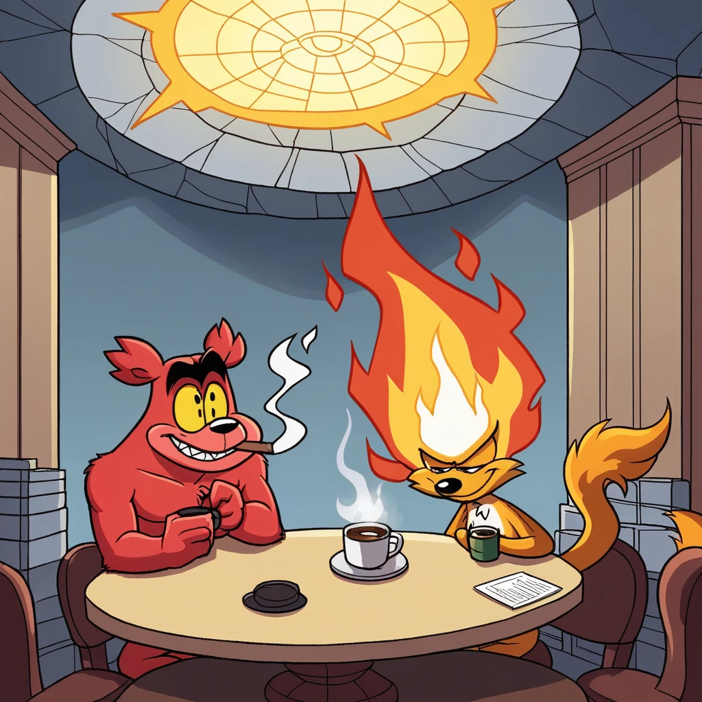 (masterpiece, best quality, 2D illustration, 2D, best of artstation),(1 Elmo muppet, muppet, Elmo, red fur:1.1), sitting behind a desk, Elmo as a programmer, soft round yellow, computer screen with many errors, mac pro computer, (everything is on fire, one coffee cup is on fire,the room is on fire, chaos in the background, thick smoke clouds collecting on the ceiling,huge flames:1.2), Elmo is holding his flaming coffee cup with two hands, (furry arms:1.3)