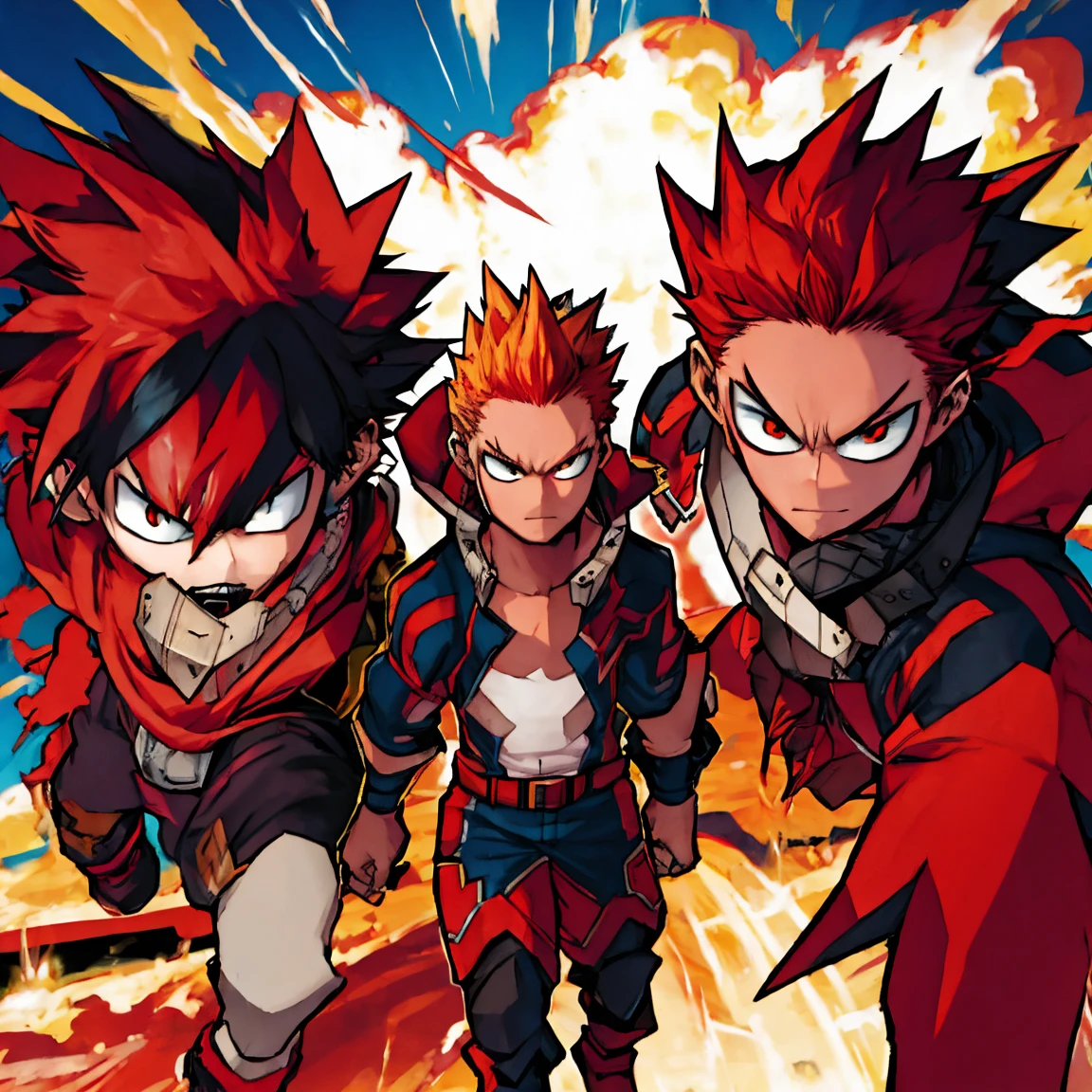 A young man with strong red hair, spiky hair, Look of Fury, kitsune mouth mask.