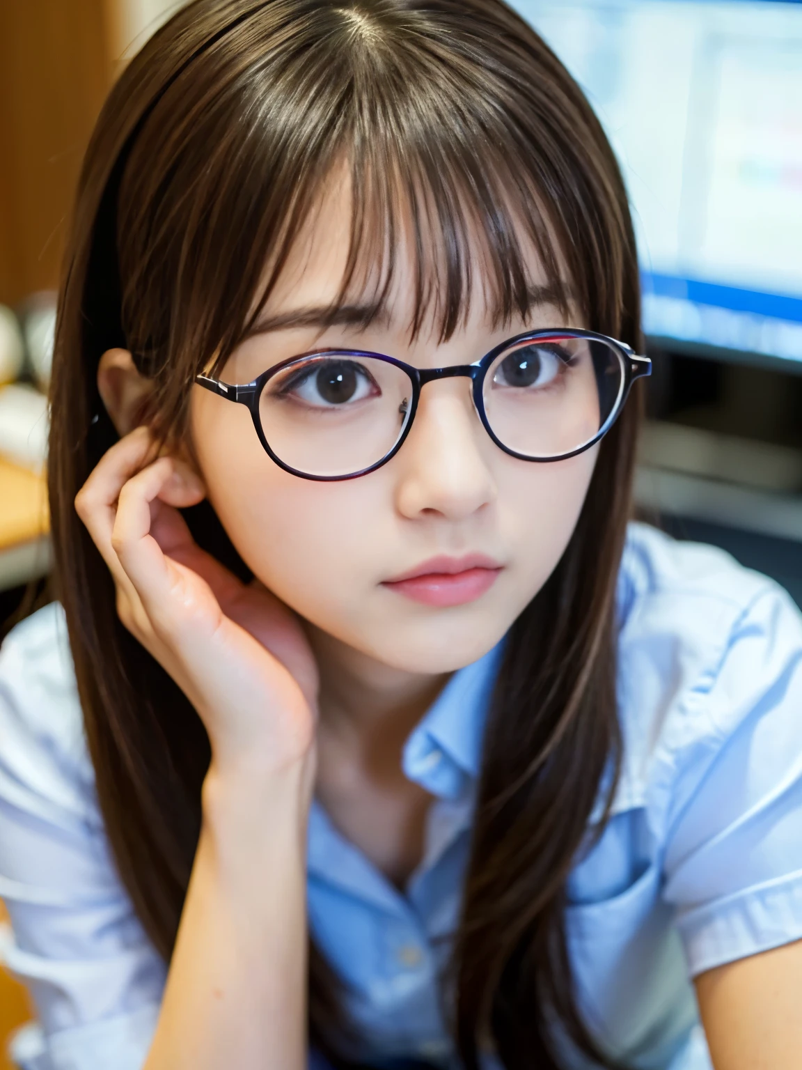 (Best-quality, Masterpiece, Ultra-High-Resolution, (Photorealistic:1.7), Raw Photo, depth of field, professional lighting, perfect anatomy, extremely details), 1girl, -yeld, thost famous Japanese idol, ((in office-room, operating computer)), (wearing casual-clothes with cute-design and big round glasses with cute-design), (extremely cute face like the most popular Japanese idol, ((extremely cute and extremely big round-eyes)), extremely beautiful and extremely realistic hair), (((extremely beautiful and extremely realistic skins))), extremely beautiful and extremely realistic long-eyelashes, extremely beautiful and extremely realistic lips, detailed office-room, detailed computer, detailed big-round-glasses-with-cute-design