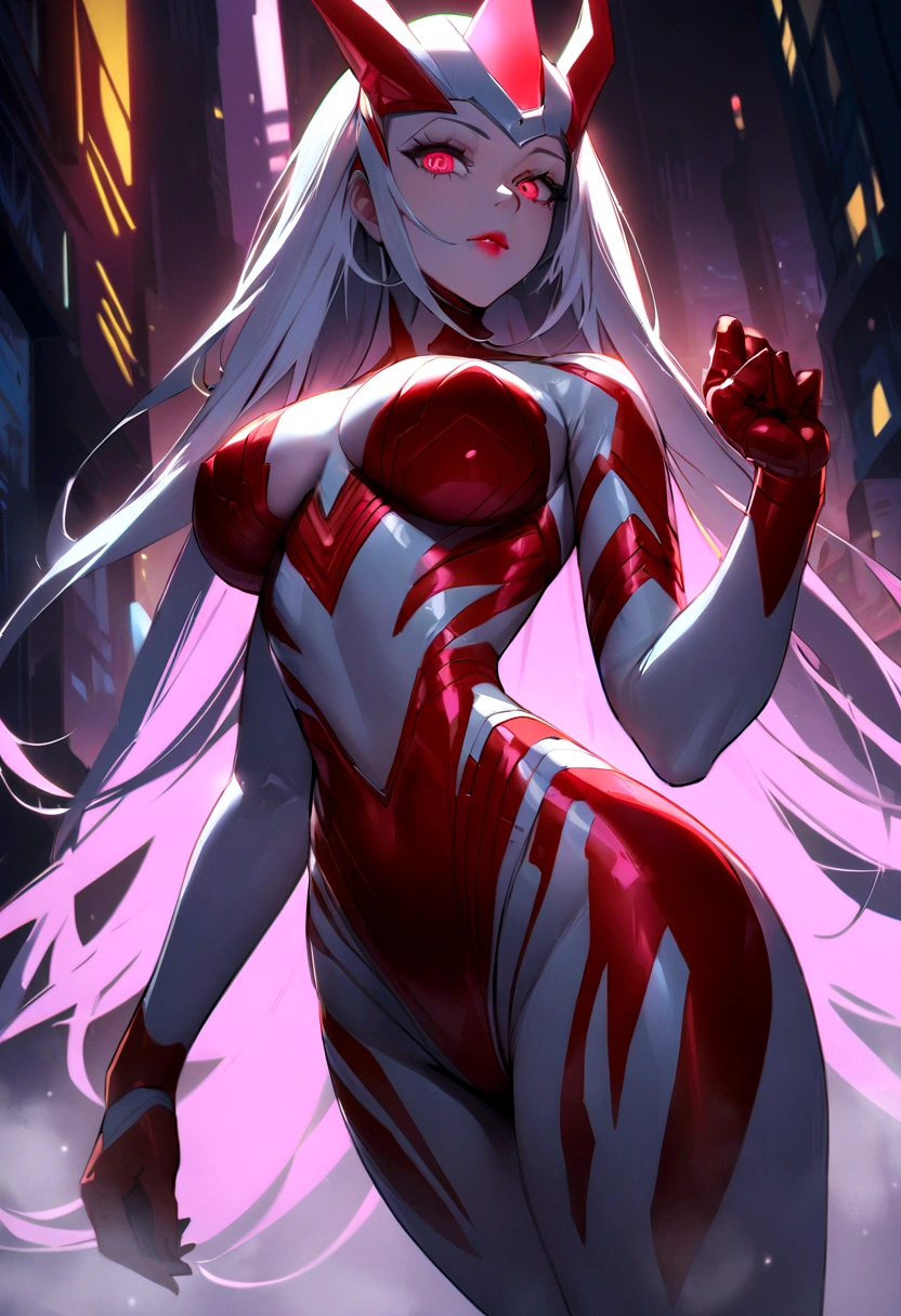 ​masterpiece、top-quality、high resolution、cyberpunk、Real with creativity、White and red metal body、Slender Woman、beast woman、Ultraman、Snow white body、(stance:1.1)、Biomechanicals、 Megacities of the future、dramatic lighting、
