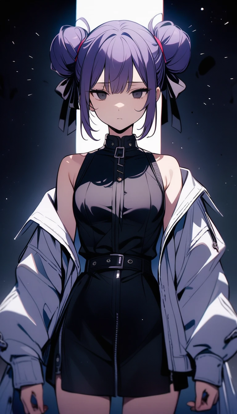 purple hair, double bun, hair ribbon, empty eyes,black eyes, expressionless eyes, cowboy shot,simple background masterpiece, best quality, very aesthetic