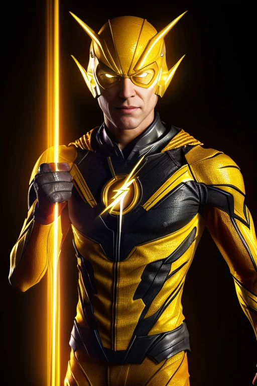 a reverse flash, tom cavanaugh, detailed face, intricate yellow costume, dynamic pose, speedforce energy, vibrant colors, dramatic lighting, cinematic composition, stylized 3d render, high resolution, photorealistic, detailed textures, cinematic atmosphere, dark and moody lighting, epic scale, ultra-detailed