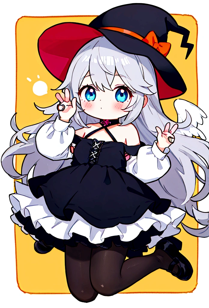 female、Angel costume,angel hall,vampire,light blue eyes、Wear Mary Jane shoes,The shoes have a pair of small wings.,There is a talisman paper on the head,bijouterie,Pose for a photo,long hair、wavy hair,canine,shy,blush,Hot,Halloween,shooting star background、masterpiece、Best image quality、top quality、Witch Suit、witch hat、超long hair,fox ears,gray hair,(Black pantyhose),blue eyes、exquisite eyes、Beautiful girl、Chubby cheeks、Cute dress、puffy sleeves、Ruffled skirt、pink ribbon、cute、change、black leg ring,off shoulder strap changeta,