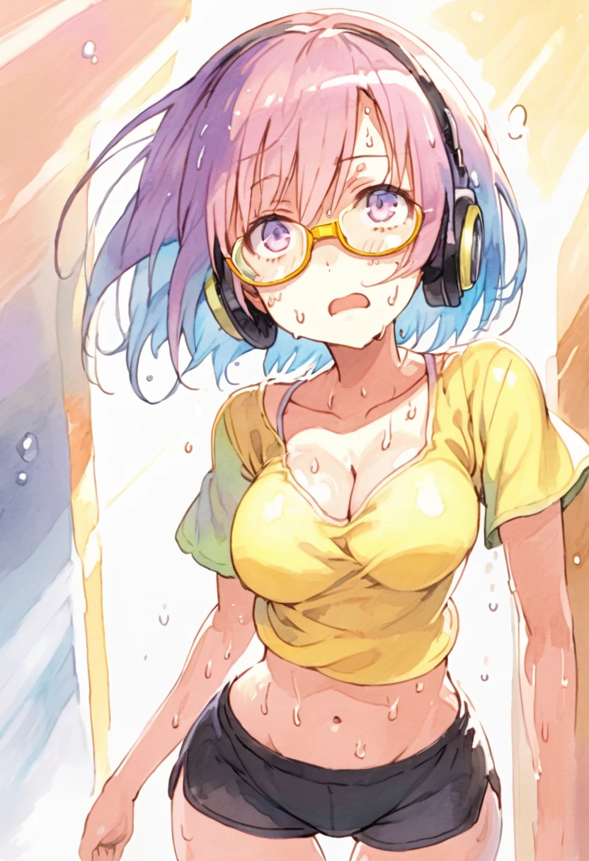 High quality、16 km race、anime screen capture、(((NSFW)))、(((bukkake)))、Lori、low length、(((smaller breasts)))、(obesity)、(thick thighs)、(Pink hair)、(((Wavy Hair)))、Ahoge、(Barrette)、 (short hair)、bob cut、(dripping sweat)、:o、(Mouth wide open)、((Orange eyes))、light blue striped knee socks、Light blue striped bikini、yellow headphones、big ass、(cat pose)、(((((embarrassing)))))、Hands behind the head、both armpits、idol costume、Bathroom、(((bubble baths)))、sitting on the floor、legs spread、