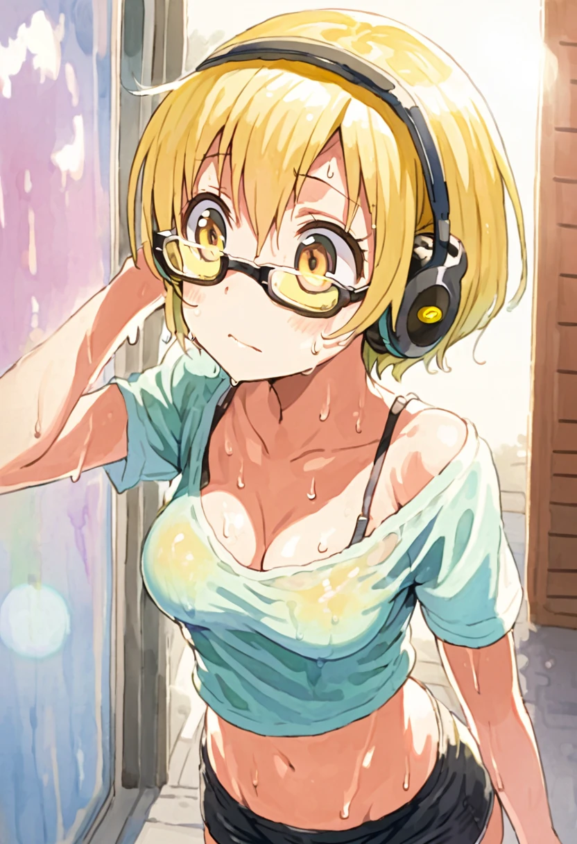 (watercolor:0.7), (pastel color:1.1), (pencil drawing:0.4), (beautiful and detailed face:1.1), kawaii girl, mid-summer, super hot day, hot and sweaty, lots of sweat, wet, T-shirt and black shorts are transparent from sweat, (super very short hair:1.3), (yellow glasses:1.3), underrim_metal, headphones, medium breasts, clavicle, cleavage, midriff, music_wave floating in the air, Intense sunlight, piercing sunlight, heat haze, lazy expression, dramatic lighting, lens flare, light diffusion, looking up, instreet, (wipe the sweat:1.2)