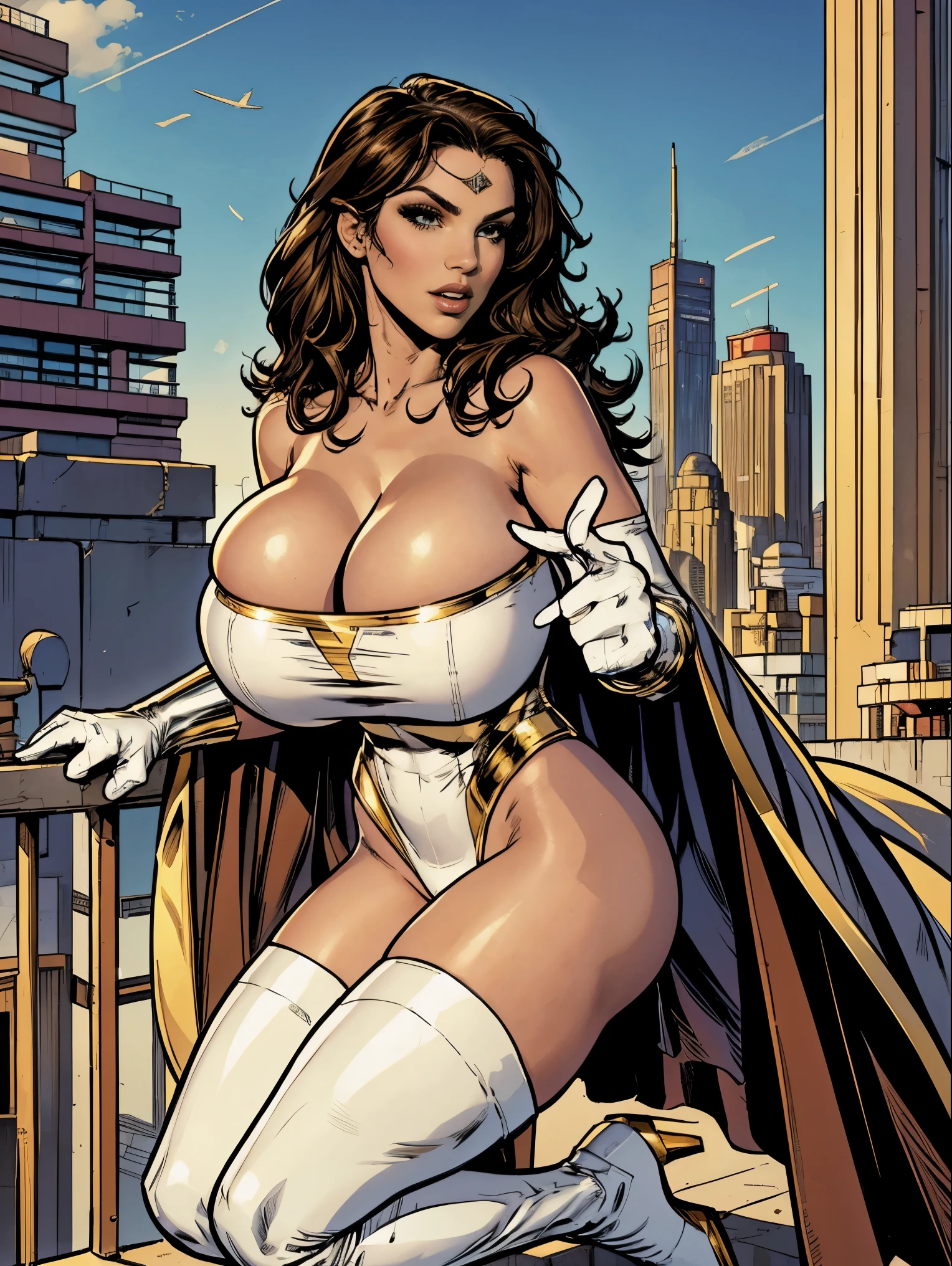 Gorgeous and sultry busty athletic (thin) brunette with sharp facial features and a (large nose) and (huge boobs) wearing a white and gold superhero leotard, cape, gloves, thigh-high boots. City skyline, rooftops.