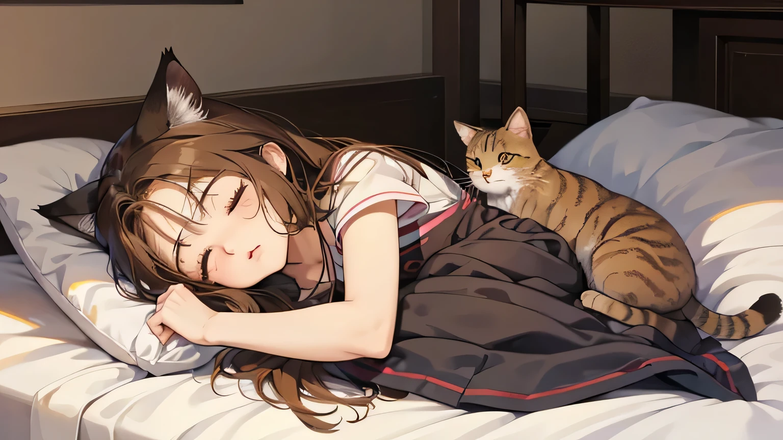 An anime girl with long brown hair is sleeping holding a brown cat, Cute cat anime visuals, Anime Cat, beautiful Anime Catgirl, very beautiful Anime Cat girl, Anime Catgirl, realistic Anime Cat, cute Anime Catgirl, Anime Style, Anime Styleに, Cute girl anime visuals, by Kamisaka Sekka,The cat's eyes are focused on the girl,Sleeping soundly,Cats1Animals,
