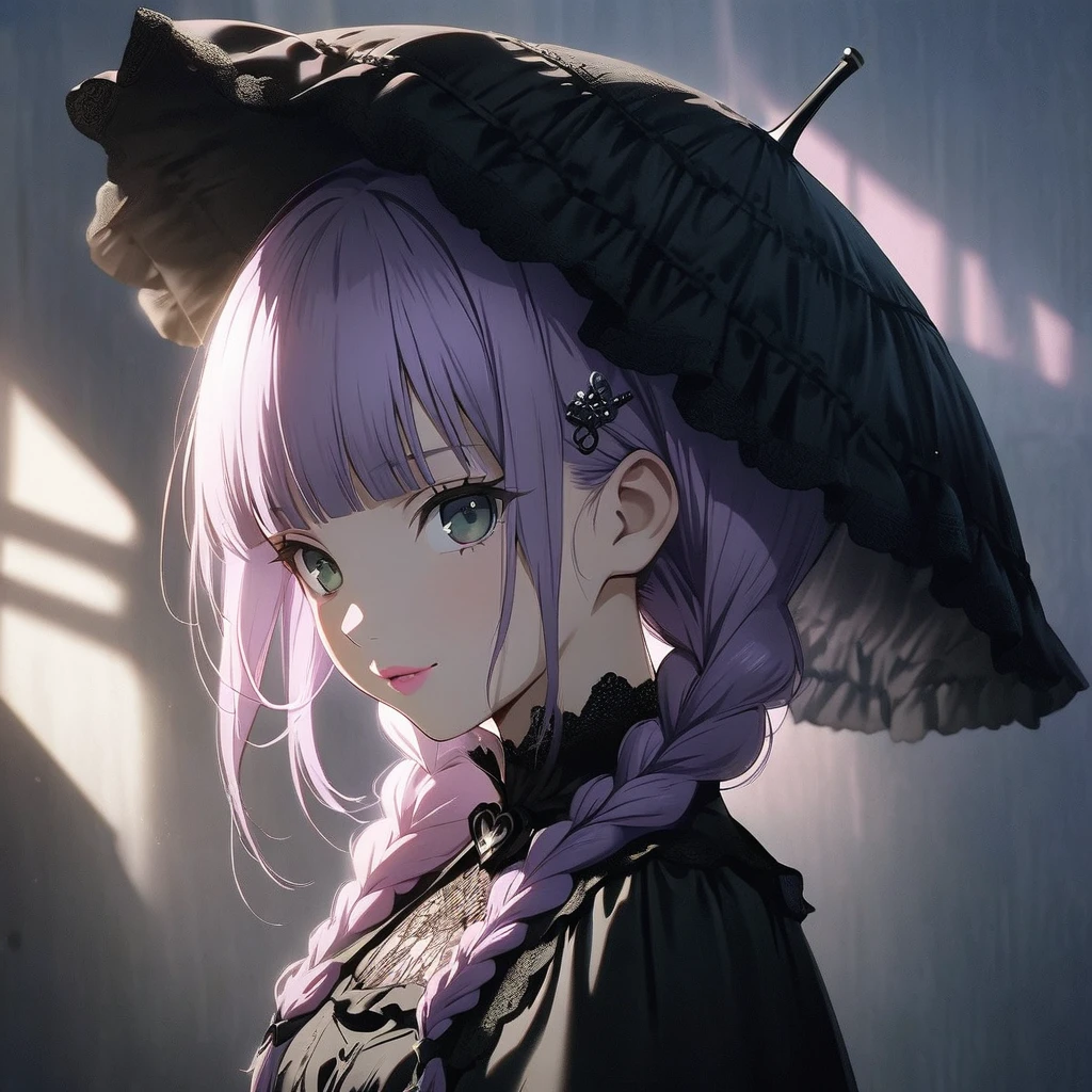 (Cute a girl:1.5), anime visual, (Black gothic lolita outfit, black boots, black parasol, from side:1.3 ), (Lovey-dovey:1.5), (tilt head:1.3), extremely delicate face, soft clean focus, realistic lighting and shading, (an extremely delicate and beautiful art:1.3), elegant, (muted colors:1.1),(one girl with closs hair pin,pale purple hair,wavy two braids,blunt bangs hair,green and black eyes.pink lips:1.4), small breast,slim,Slender,morning lit, full body shot, a gentle smile, look at viewer,