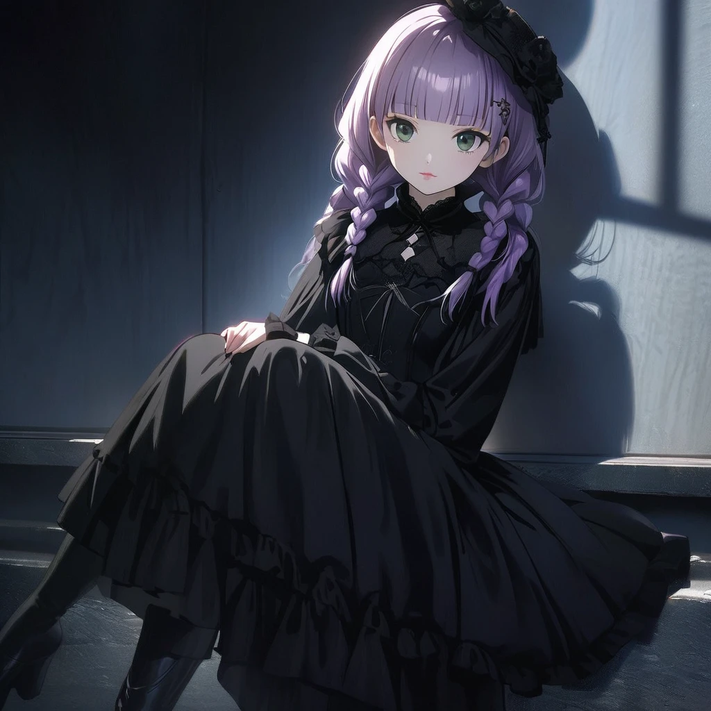 (Cute a girl:1.5), anime visual, (Black gothic lolita outfit, black boots, black parasol, from side:1.3 ), (Lovey-dovey:1.5), (tilt head:1.3), extremely delicate face, soft clean focus, realistic lighting and shading, (an extremely delicate and beautiful art:1.3), elegant, (muted colors:1.1),(one girl with closs hair pin,pale purple hair,wavy two braids,blunt bangs hair,green and black eyes.pink lips:1.4), small breast,slim,Slender,morning lit, full body shot, a gentle smile, look at viewer,