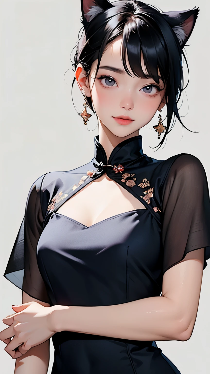 (Highest quality, masterpiece, High resolution)、4K Anime Art、(One girl)、(whole body:1.4)、 (Detailed depiction of a cute face)、Black Hair、short hair、semi-long、Bobcut、Hair Bun、hair ornaments、(Cat ear)、(China dress:1.4)、セクシーなミニChina dress、Captivating smile、Small breasts、Cinematic Light、Soft Light、(indoor、dim、lamp)、(Simple Background)、((Blank Background))、