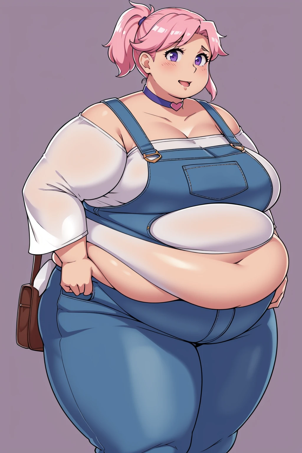 (Looking at viewer:1.2), (black pupils)Mouth open, parted lips, mouth wide open, sticking out tongue, exposed belly, slutty(Pale skin:1.0)Up close, Holding belly, hands on belly, outgrown clothes,Pale skin,fat, farm backround, upper body, looking at viewer, 1girl, solo, short pink hair, (dark blue choker), (dark blue denim overalls), (purple eyes), (pink boots), (white shoulder lantern sleeve blouse, tucked in pants, Round face, double chin, fat chin, fat cheeks, fat neck, round face, SSBBW, flabby arms, round face, double chin, fat double chin, big double chin, fat neck, chubby cheeks, fat thighs, fat calves, morbidly obese, flabby , giant , large belly, obese, fat face, belly, double chin, obesity, flabby breasts, fat arms and legs, fat everything,