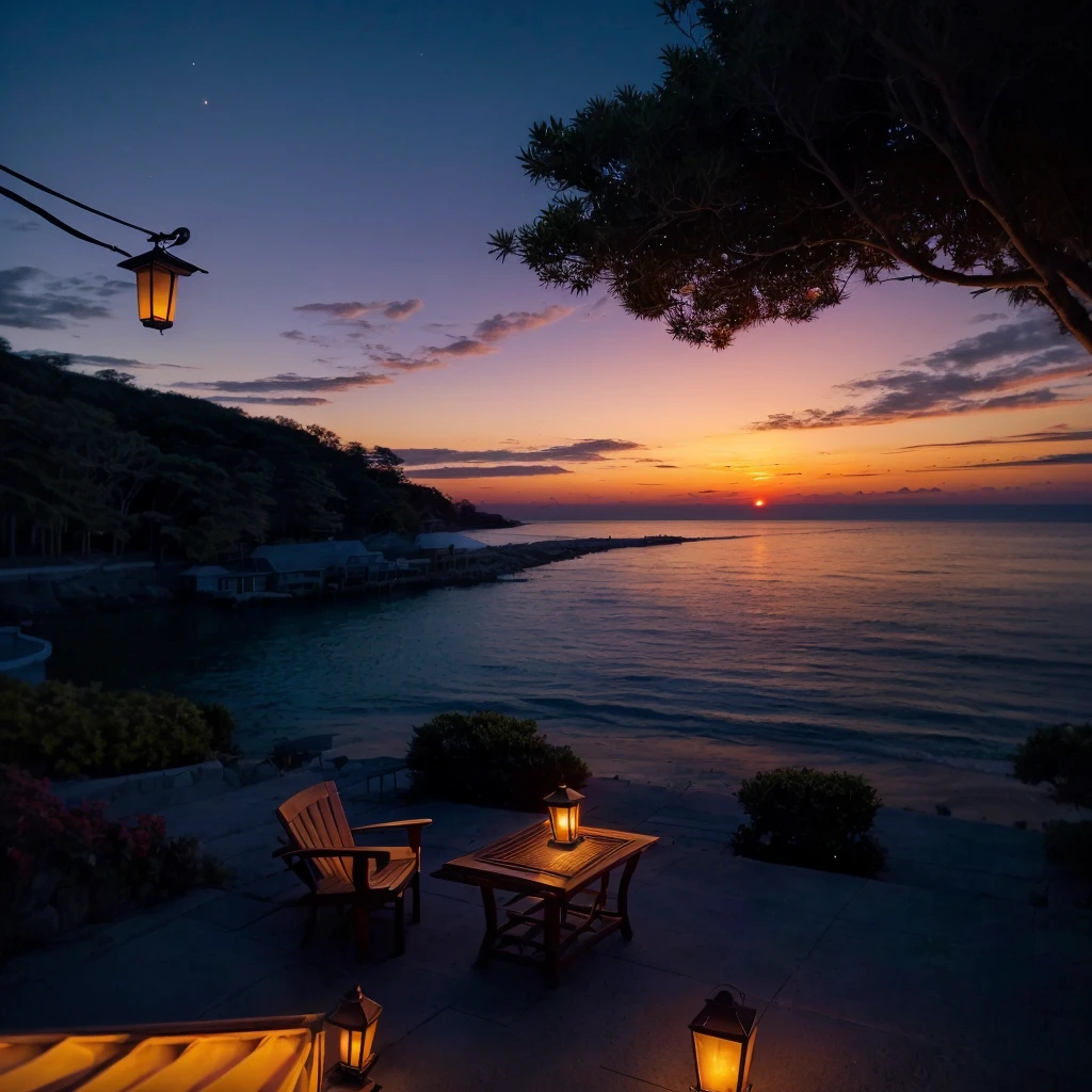 a view of the sunset over the ocean and a tree with lanterns, gorgeous romantic sunset, beautiful sunset, beautiful ambience, beautiful sunset glow, the most beautiful sunset, beautiful environment, sunset glow, sunset time, Watching the sunset, beautiful detailed scene, night ambience, beautiful sunset, relaxing atmosphere, serene atmosphere at night, sunset weather, colorful sunset, tranquil atmosphere