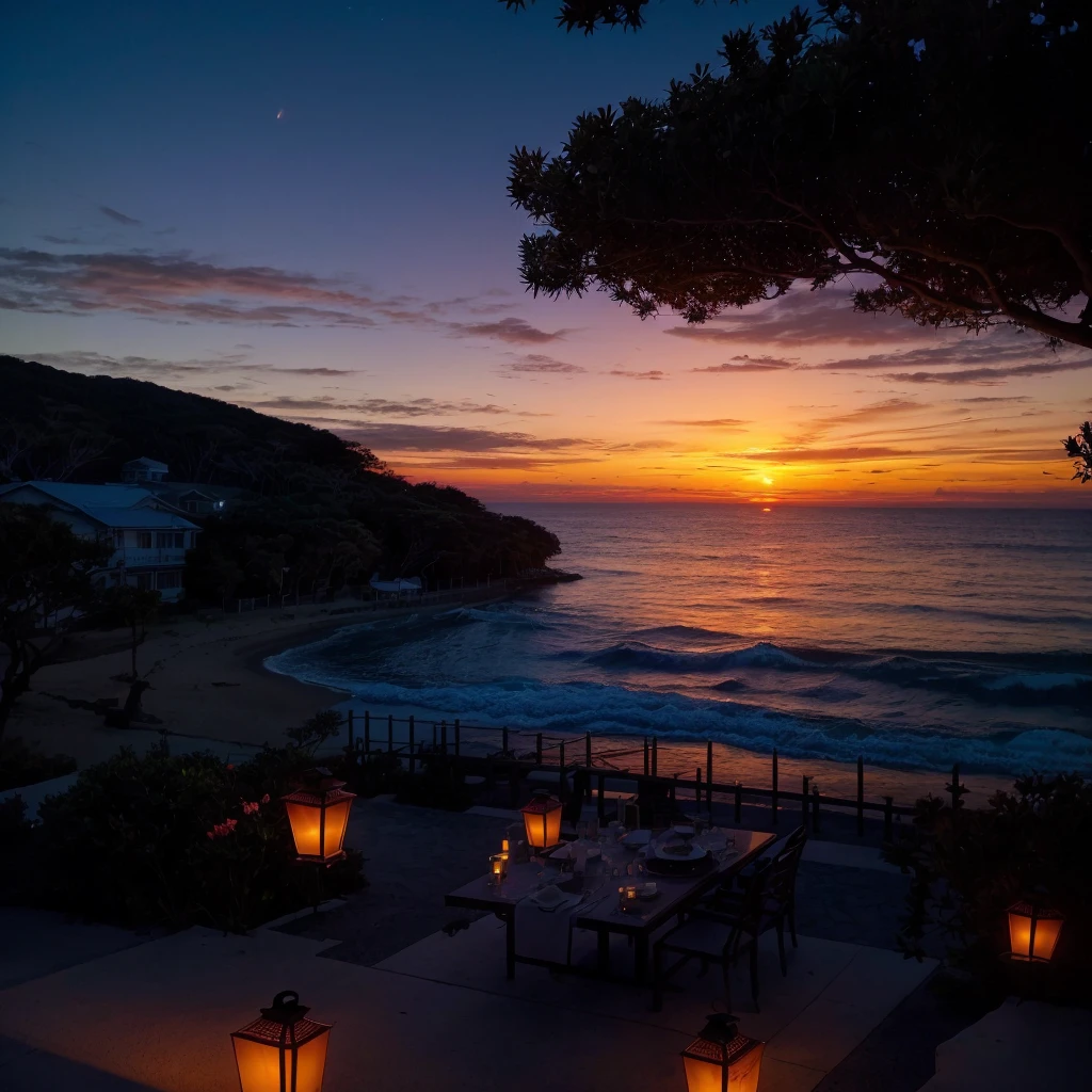 a view of the sunset over the ocean and a tree with lanterns, gorgeous romantic sunset, beautiful sunset, beautiful ambience, beautiful sunset glow, the most beautiful sunset, beautiful environment, sunset glow, sunset time, Watching the sunset, beautiful detailed scene, night ambience, beautiful sunset, relaxing atmosphere, serene atmosphere at night, sunset weather, colorful sunset, tranquil atmosphere