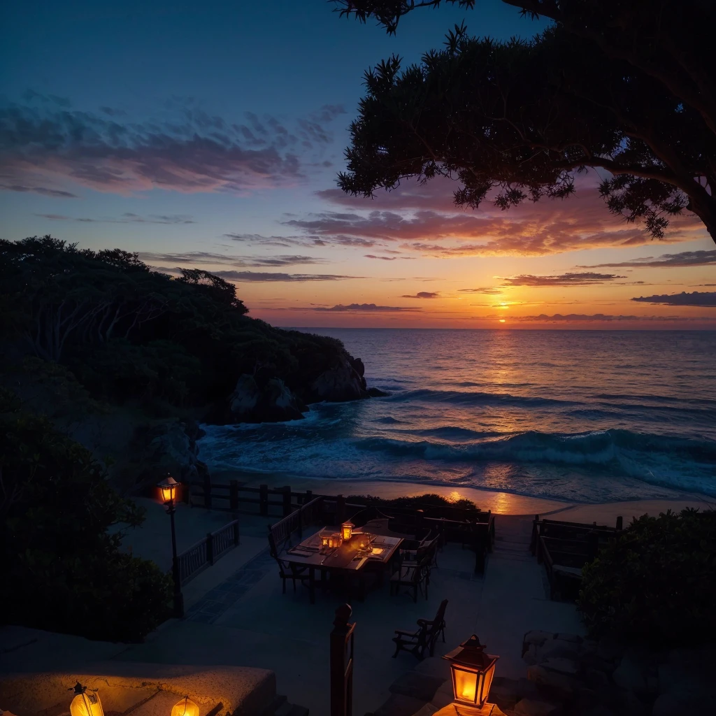 a view of the sunset over the ocean and a tree with lanterns, gorgeous romantic sunset, beautiful sunset, beautiful ambience, beautiful sunset glow, the most beautiful sunset, beautiful environment, sunset glow, sunset time, Watching the sunset, beautiful detailed scene, night ambience, beautiful sunset, relaxing atmosphere, serene atmosphere at night, sunset weather, colorful sunset, tranquil atmosphere
