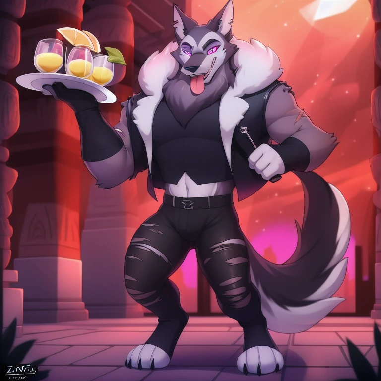 by zinfyu, detailed background, vortex \(helluva boss\), hellhound, grey body, grey fur, vortexgoetia, male, solo, absurd res, digitigrade, scar, vortexdrip, latex clothes, hypnotized with completely glowing purple eyes with no irises or pupils, tongue out, carrying a tray with limonade, temple background