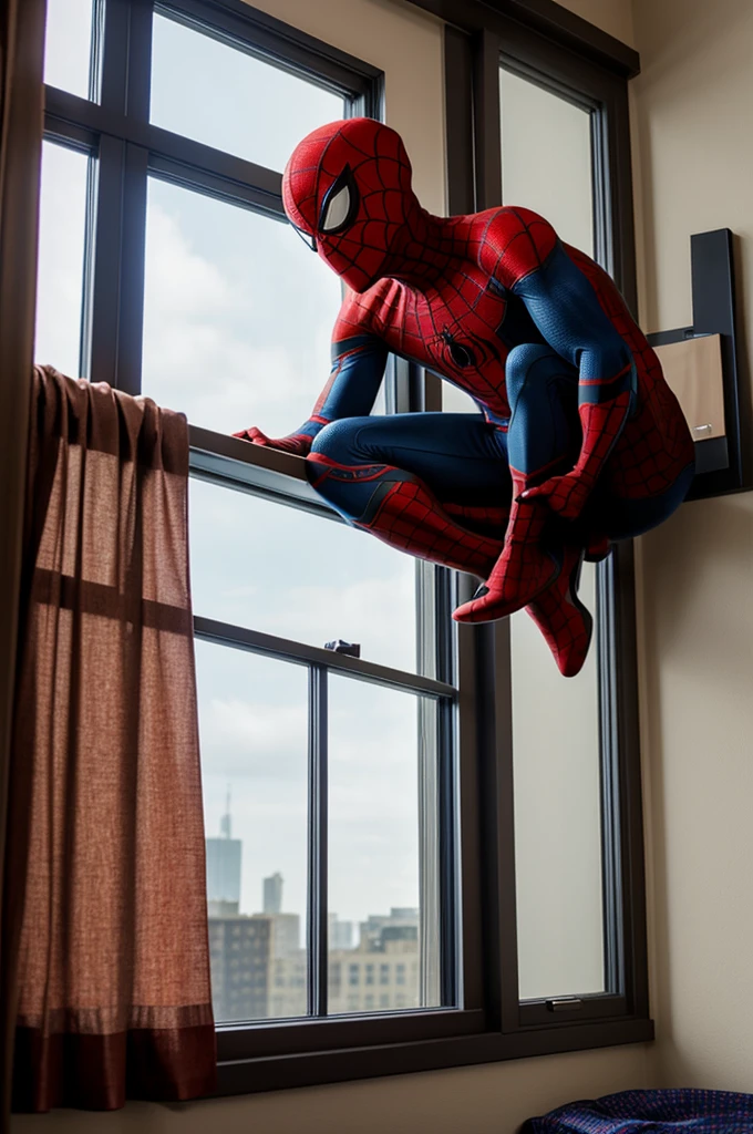 Peter Parker is in his room, looking out the window with his spiderman suit hanging on a coat rack