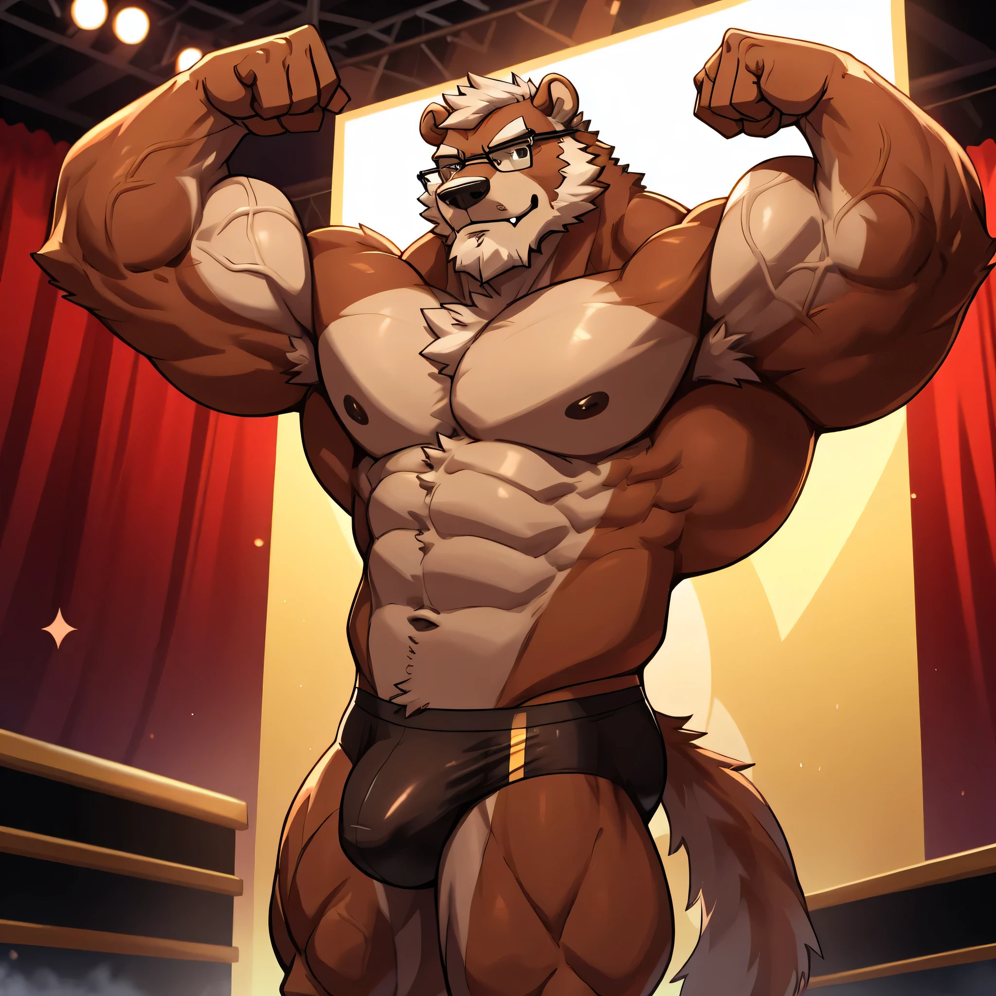 solo, 1boy, Huge Thickend Muscular Old Grizzly Bear wearing glasses , pectoral, huge pectoral, wide pectoral, brown fur, short white hair, black competitive briefs, shirtless topless, bearded, brown Mustache, bodybuilding conpetition stage background, masterpiece, high detailed, 8k, high resolution, at the stage flexing whole body veiny. (Side chest bodybuilding pose). Winner, gold metal