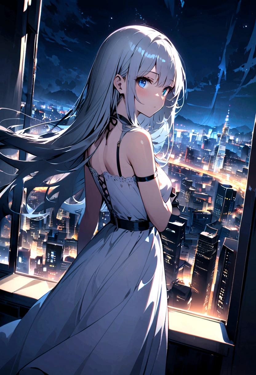 Cityscape with digital wind effect、Tall buildings on both sides、night、Gray Hair、Long Hair、blue eyes、White dress、Landscape