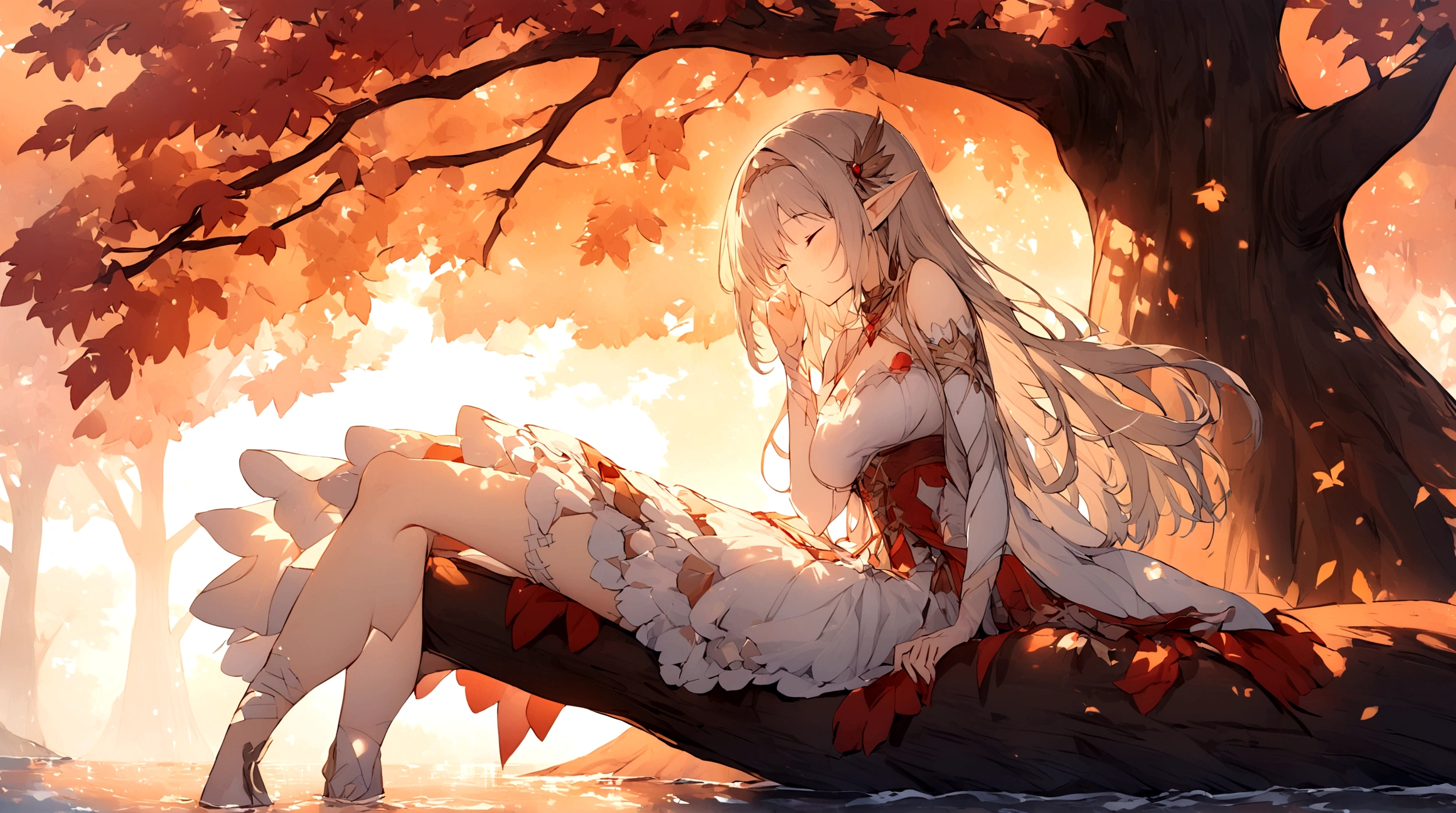 A girl,Elf,Girl sleeping in a tree,茂密的Big Tree,Big Tree,Clear lake water,Morning Sunshine,Long gauze skirt